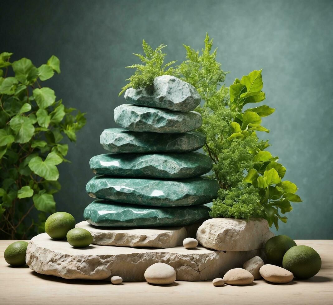ai generiert Stapel von Steine mit Grün Pflanzen auf hölzern Tabelle und Grunge Hintergrund foto