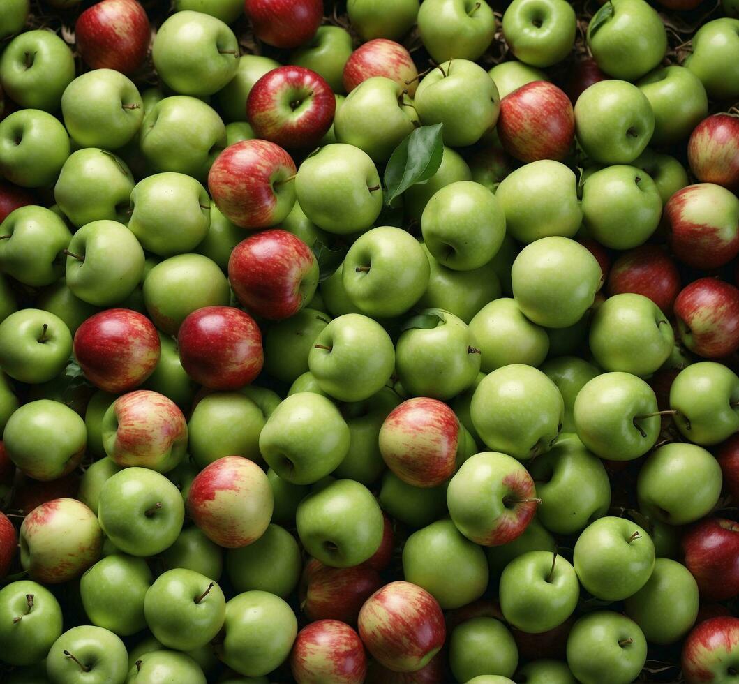 ai generiert rot und Grün Äpfel auf ein Ast von ein Apfel Baum im Herbst foto