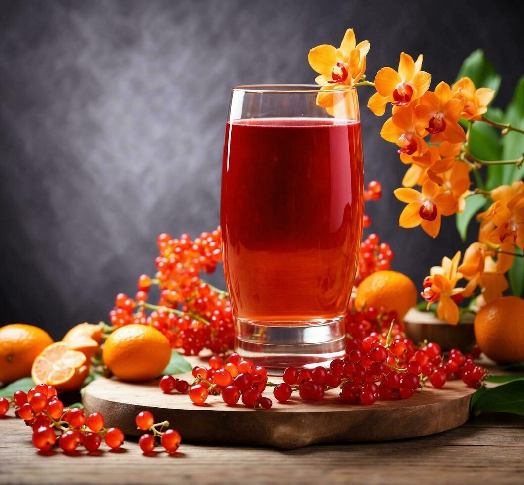 ai generiert ein Glas von frisch Saft mit rot Johannisbeeren und Orangen auf ein hölzern Hintergrund foto