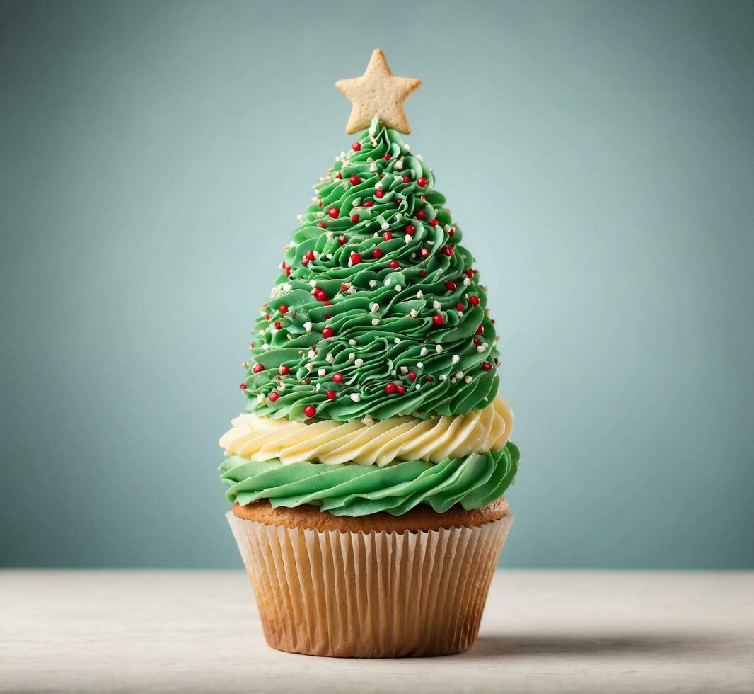 ai generiert Weihnachten Cupcake mit Grün und Weiß Glasur und Weihnachten Baum foto