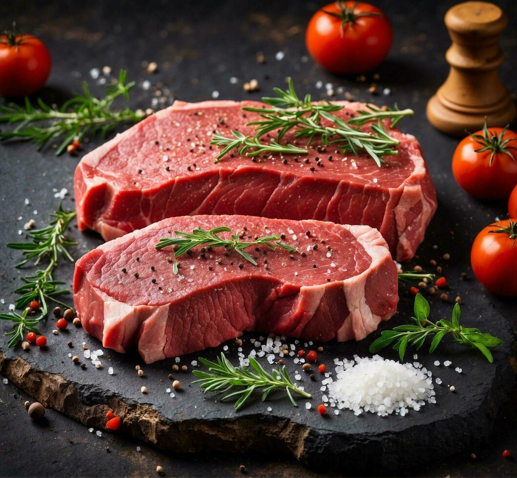 ai generiert roh Rindfleisch Steak mit Rosmarin, Salz- und Pfeffer auf dunkel Hintergrund foto