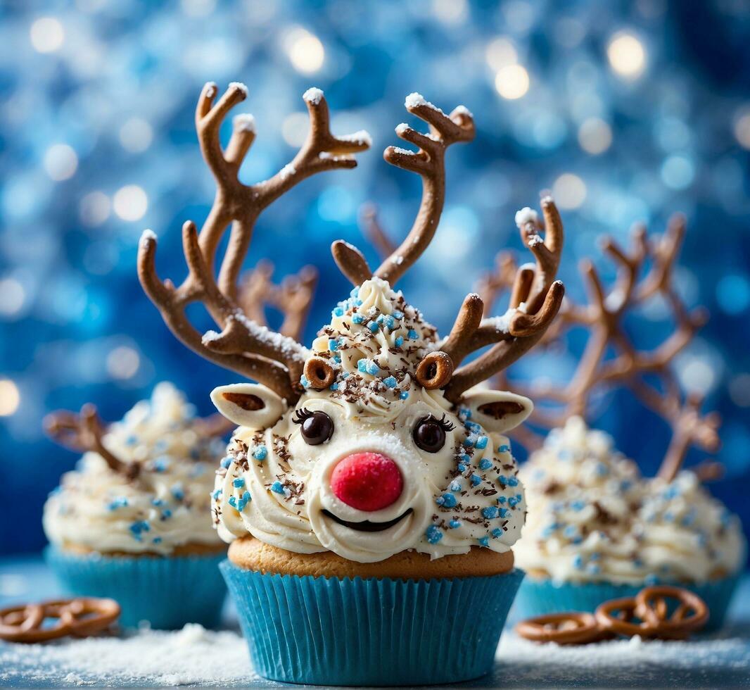 ai generiert Weihnachten Cupcakes mit Hirsch Geweih und Schnee auf Bokeh Hintergrund foto