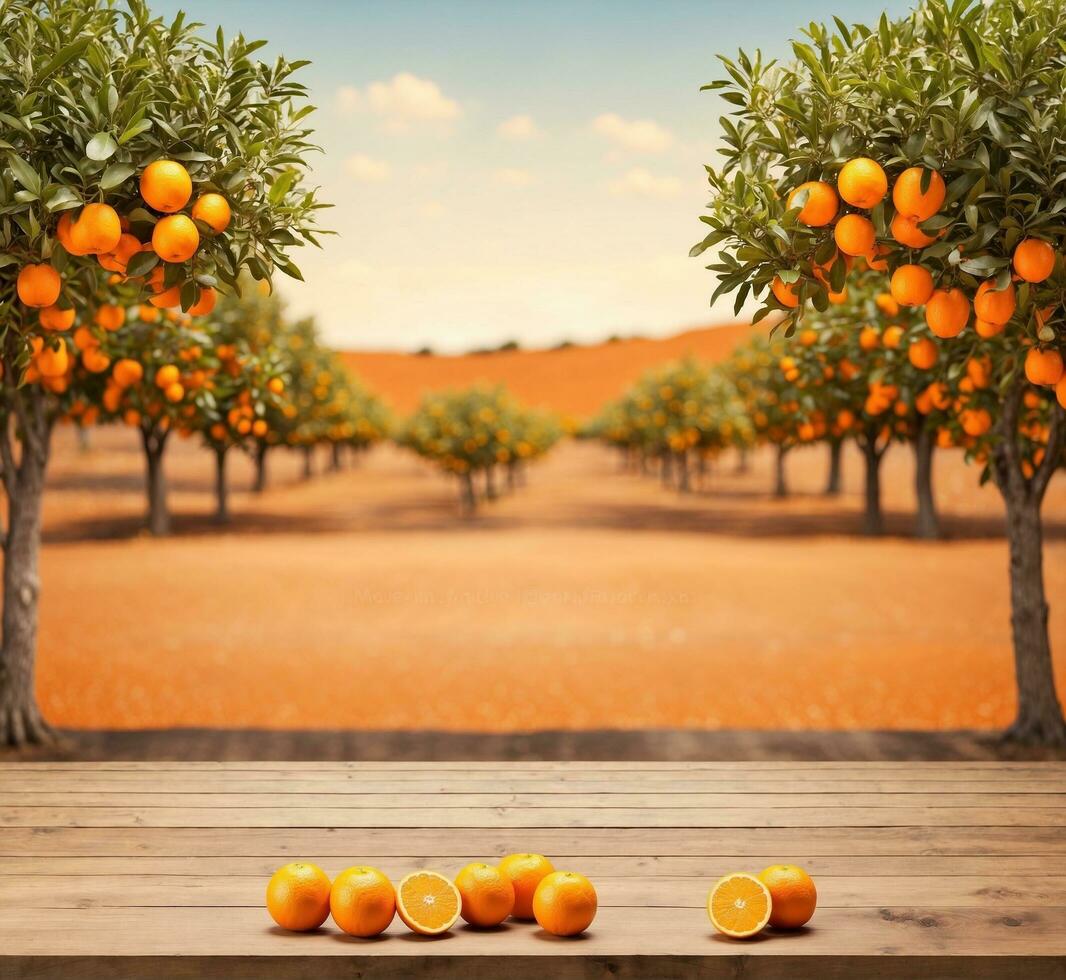 ai generiert Orange Obst auf ein hölzern Tabelle im ein Orange Obstgarten. Collage. foto