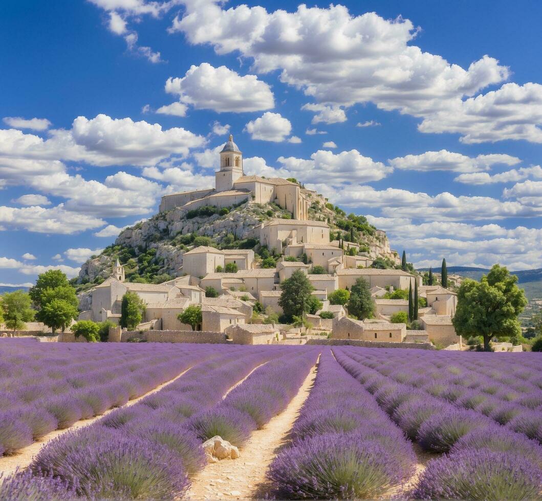 ai generiert Provence, Provence, Frankreich. Lavendel Feld mit das Kirche von st. Nikolaus. foto
