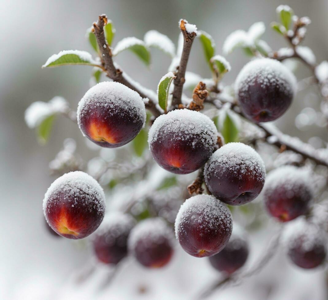 ai generiert gefroren rot Äpfel auf ein Ast im das Garten nach ein Schneefall foto