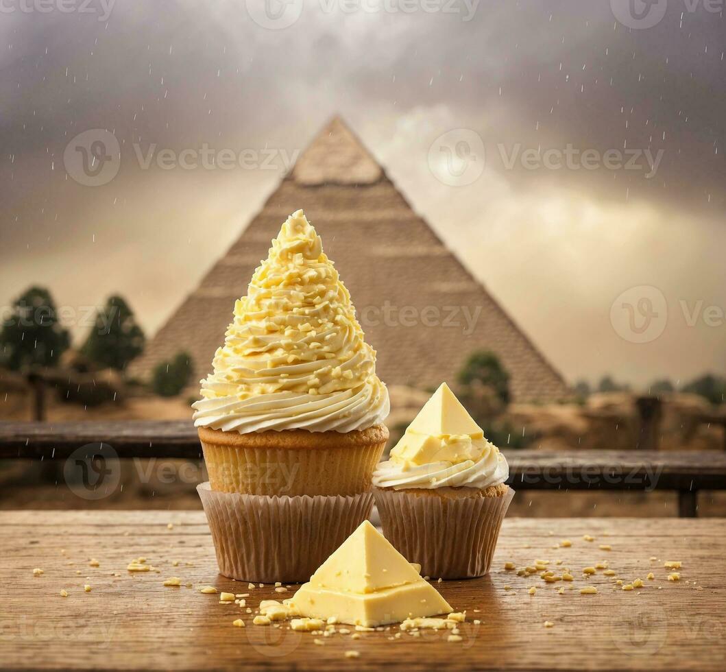 ai generiert Cupcake mit Käse auf hölzern Tabelle im Vorderseite von Pyramiden foto