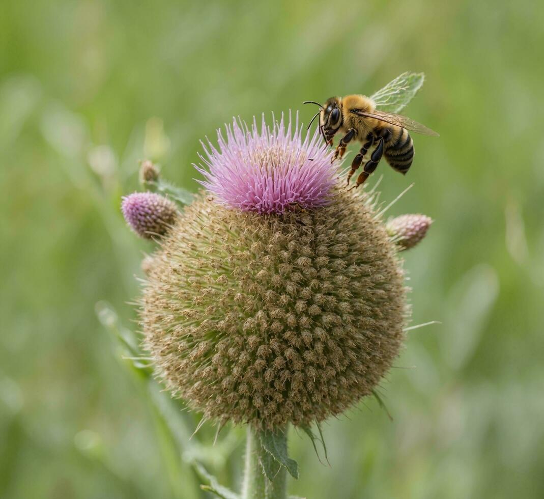 ai generiert Honig Biene Sammeln Pollen von ein Distel Blume im ein Feld foto