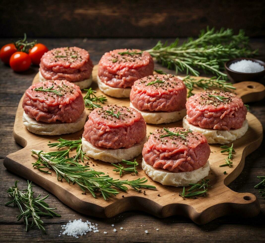 ai generiert roh Schweinefleisch Filet mit Gewürze und Kräuter auf ein hölzern Schneiden Tafel foto