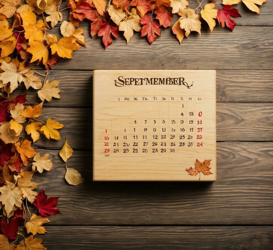 ai generiert Kalender September 2024 mit Herbst Blätter auf ein hölzern Hintergrund. oben Sicht. foto