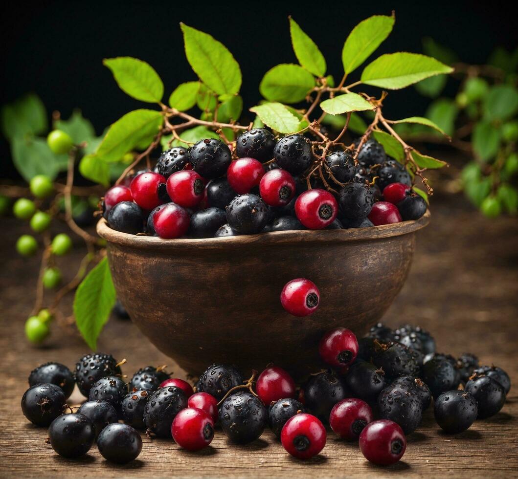 ai generiert frisch Beeren im ein Schüssel auf ein hölzern Tisch. schwarz Hintergrund. foto