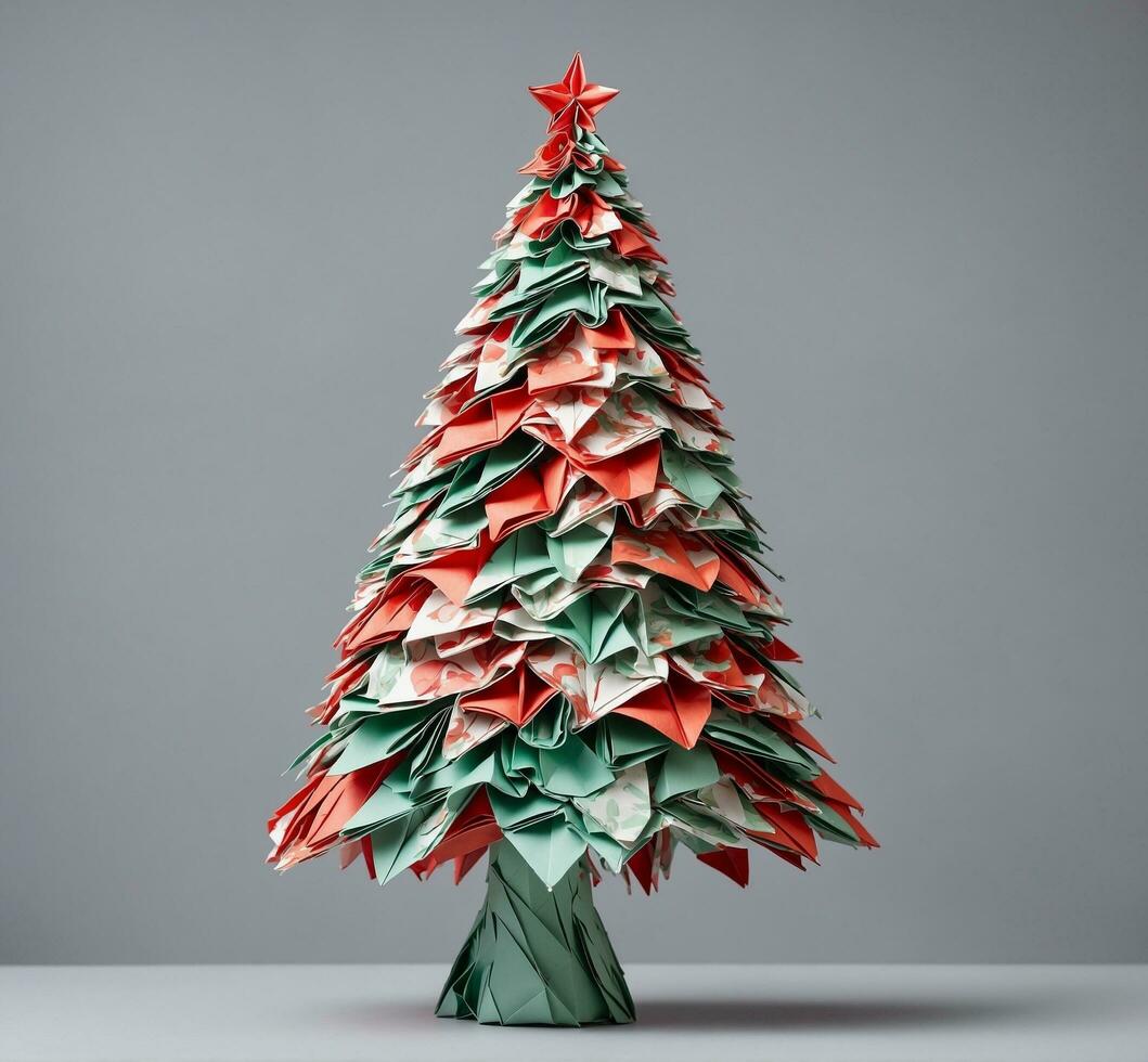 ai generiert Weihnachten Baum gemacht von Origami Papier auf ein grau Hintergrund. 3d Illustration foto