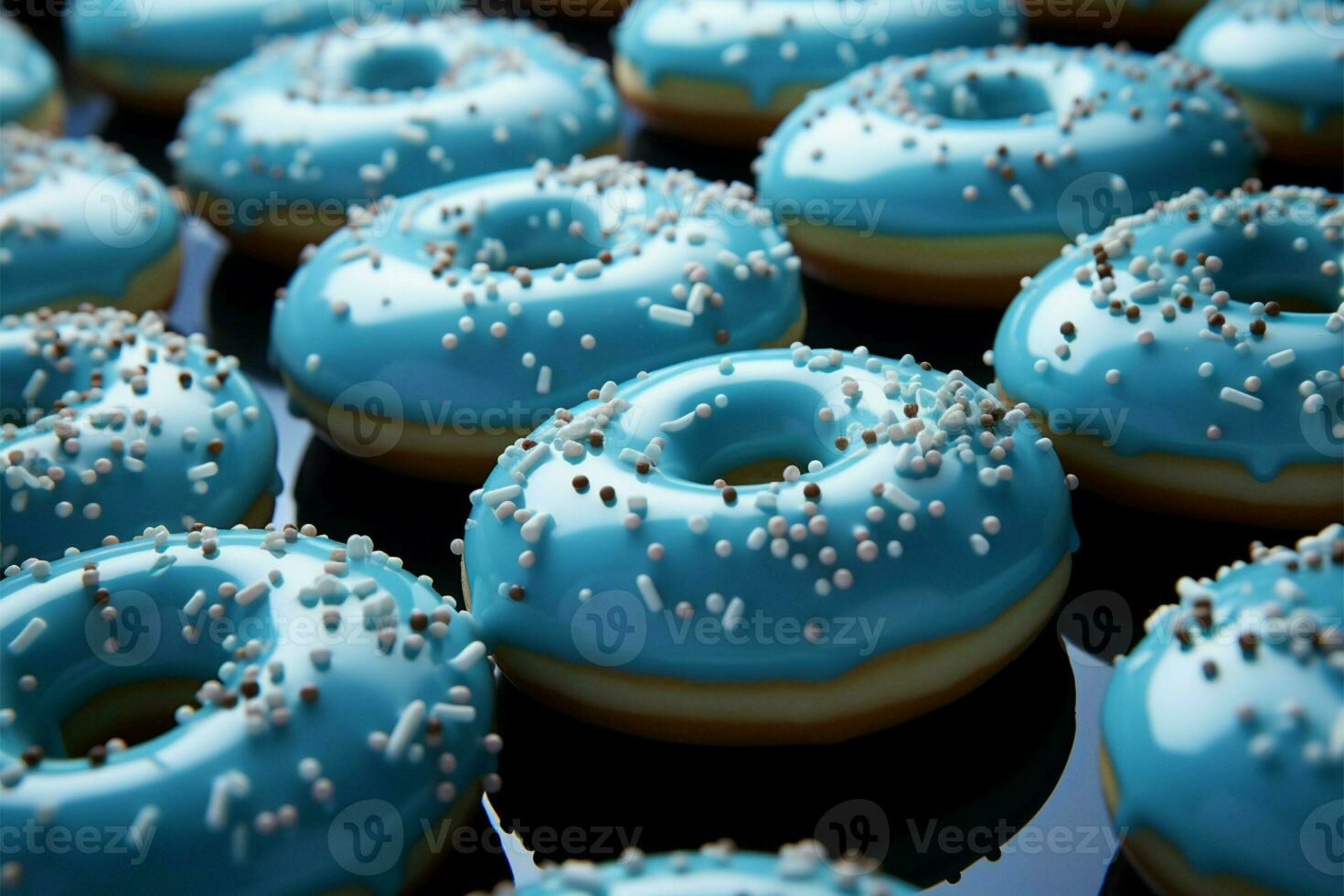 ai generiert Süss Symmetrie Blau Donuts erstellen ein verlockend Muster gegen ein visuell fesselnd Hintergrund foto
