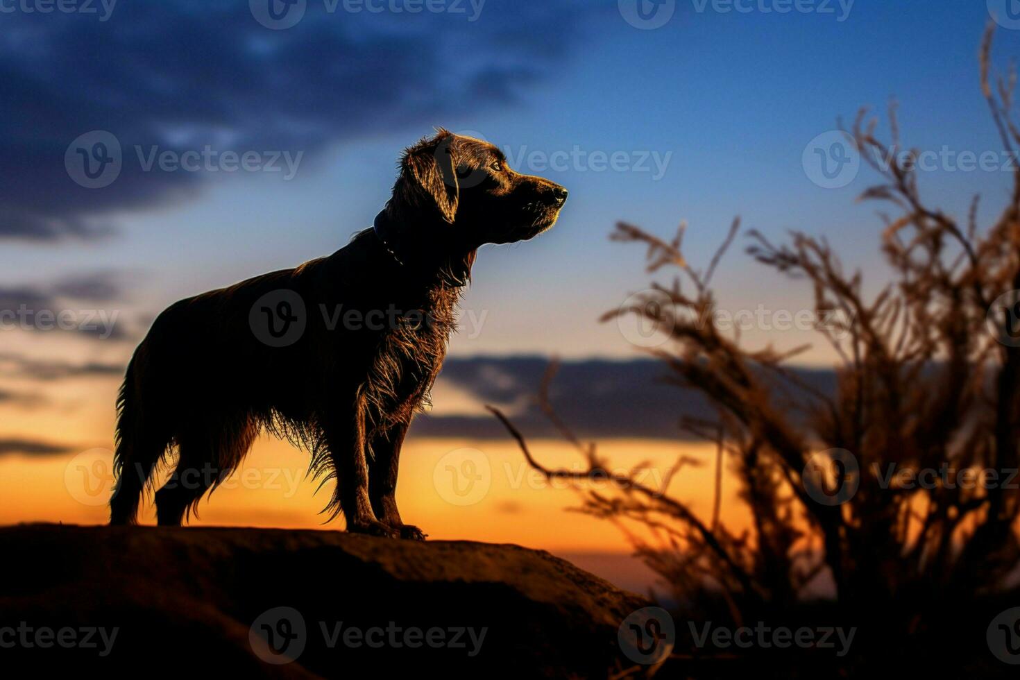 ai generiert ein Eckzahn Silhouette gegen das Rahmen Sonne schafft ein malerisch Szene foto