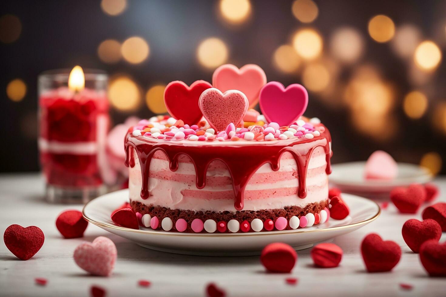 ai generiert Valentinstag Tag Kuchen mit Herzen und Süßigkeiten auf ein Hintergrund mit Bokeh foto