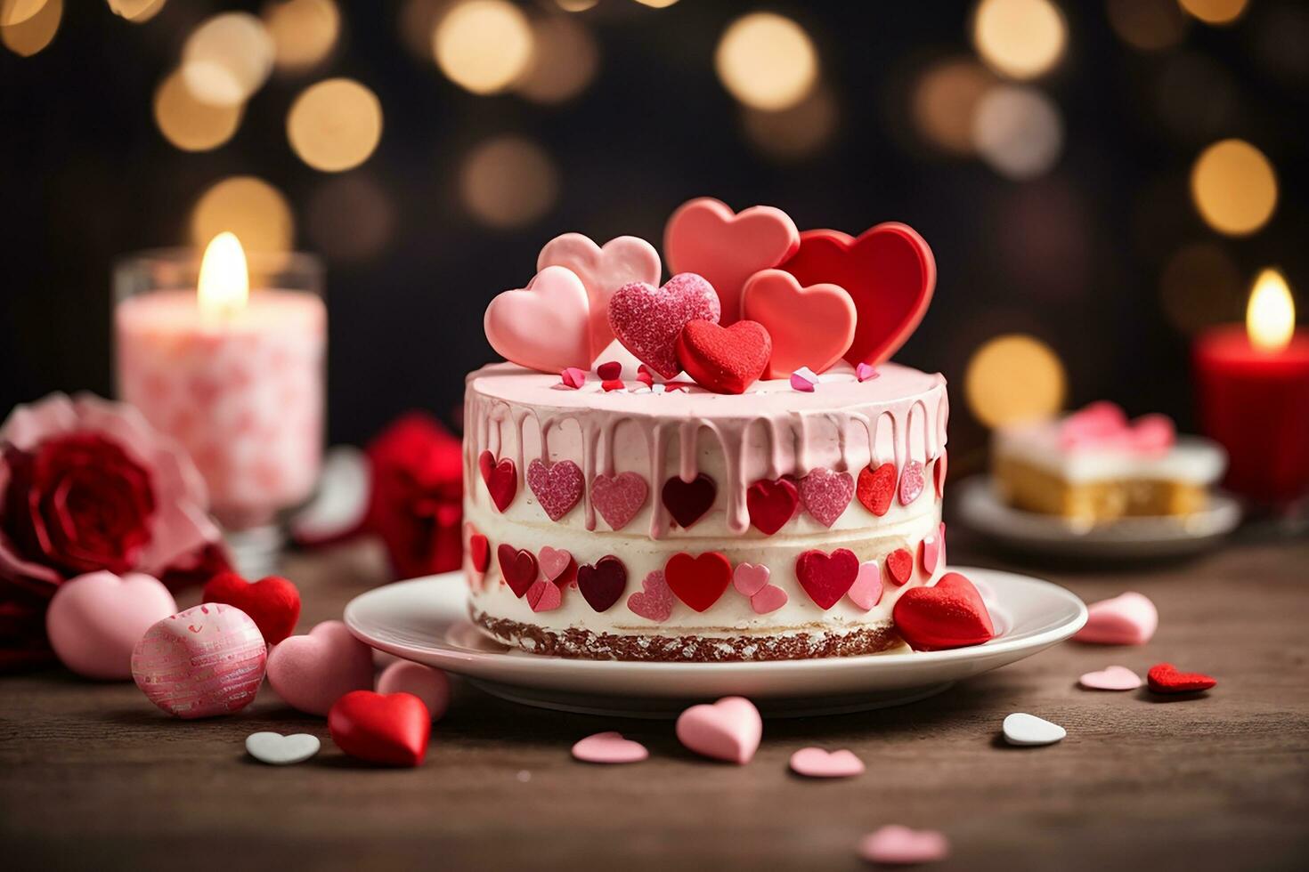 ai generiert Valentinstag Tag Kuchen mit Herzen und Süßigkeiten auf ein Hintergrund mit Bokeh foto