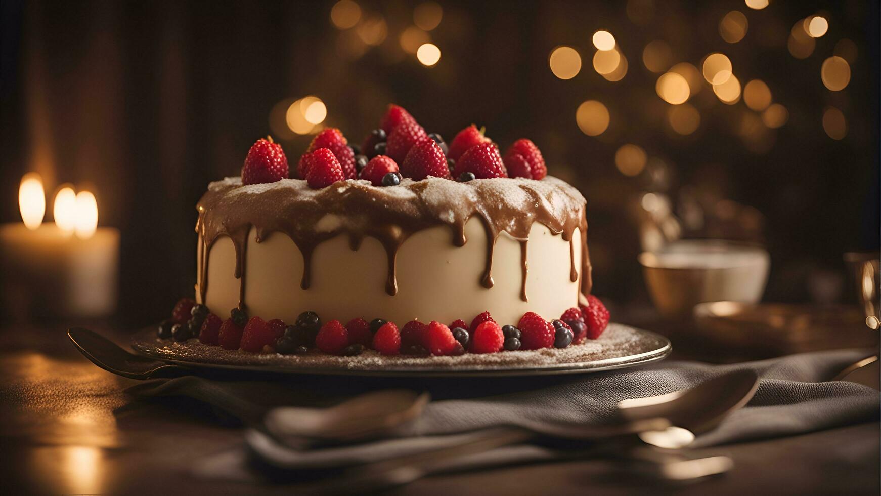 ai generiert Schokolade Kuchen mit Himbeeren und Erdbeeren auf ein hölzern Tabelle foto