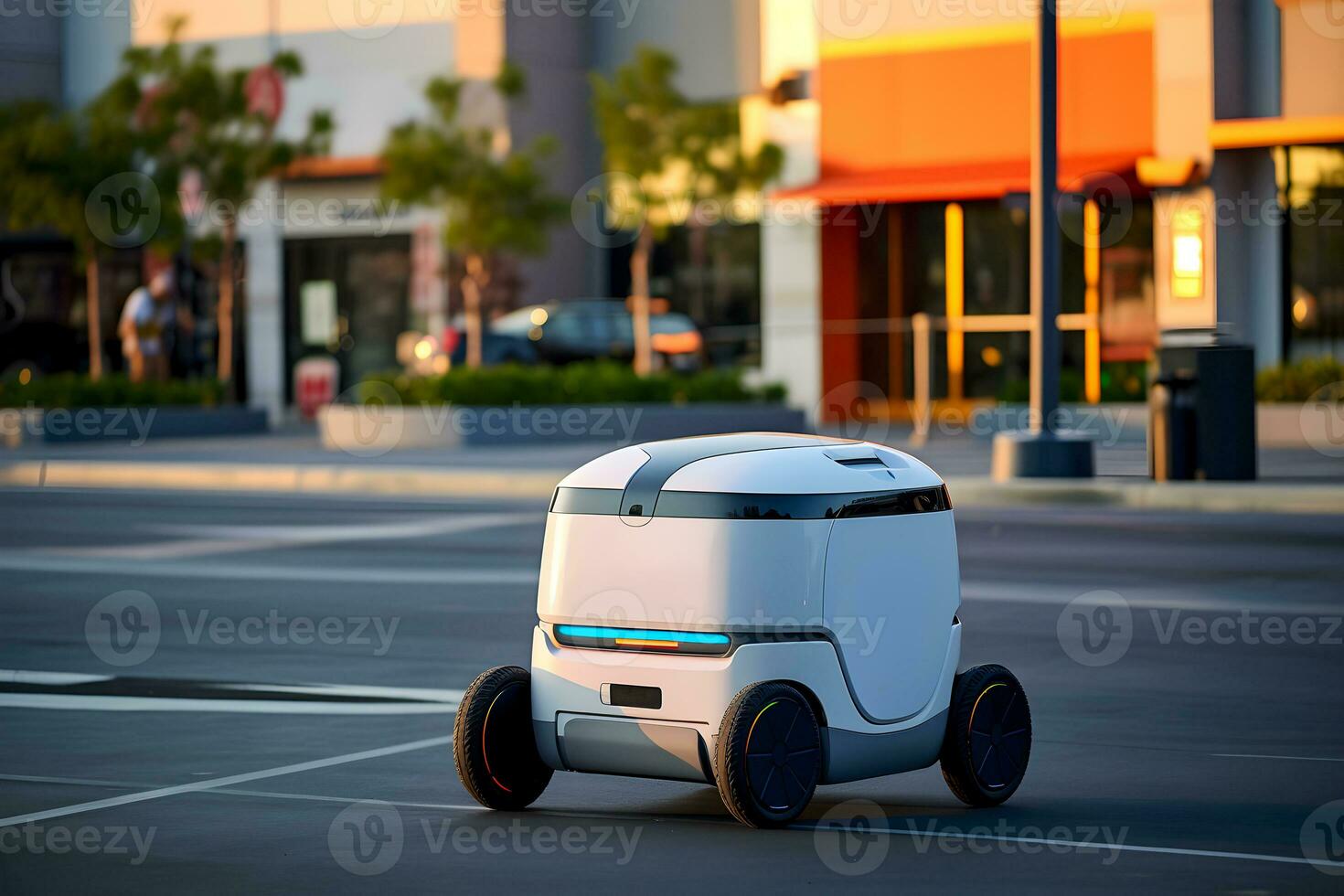 ai generiert Lieferung Roboter ist Fahren Nieder Stadt Straße. autonom zuletzt Meile Lieferung Konzept. ai generiert foto