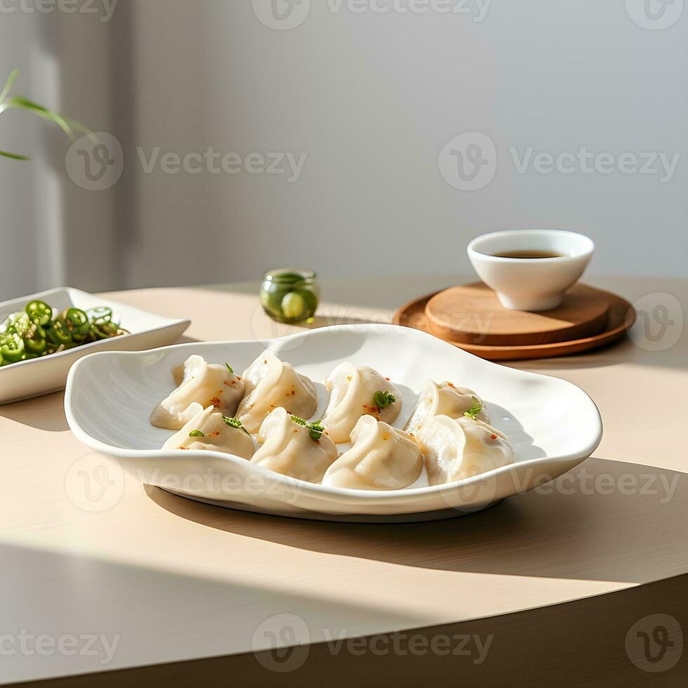 ai generiert Produkt Fotografie, Oval irregulär Weiß Keramik Knödel Gyoza Platte, mit Eintauchen Gericht, mit Knödel, auf ein Weiß runden Tisch, Hintergrund Zuhause Licht Luxus, zara Stil foto