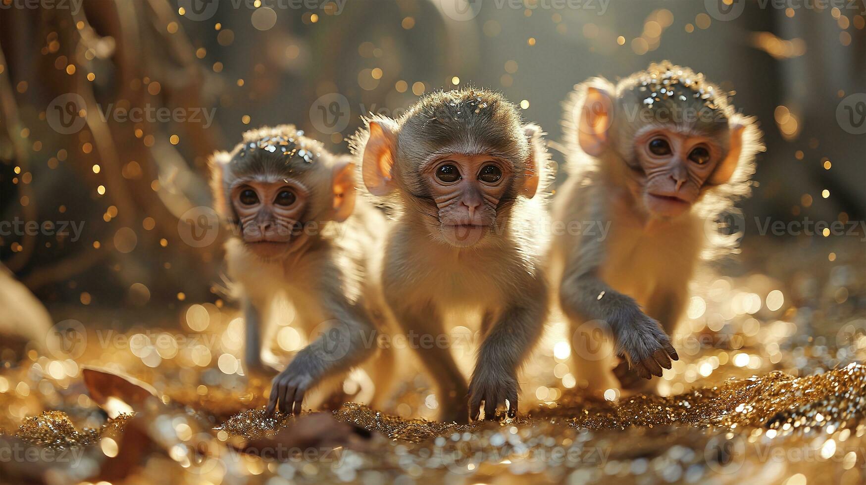 ai generiert Affe Familie Sitzung auf das Boden im das Wald und suchen beim Kamera foto