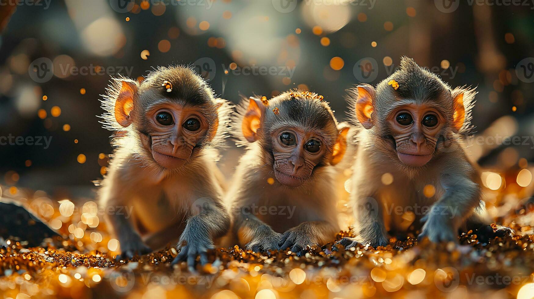 ai generiert Affe Familie Sitzung auf das Boden im das Wald und suchen beim Kamera foto