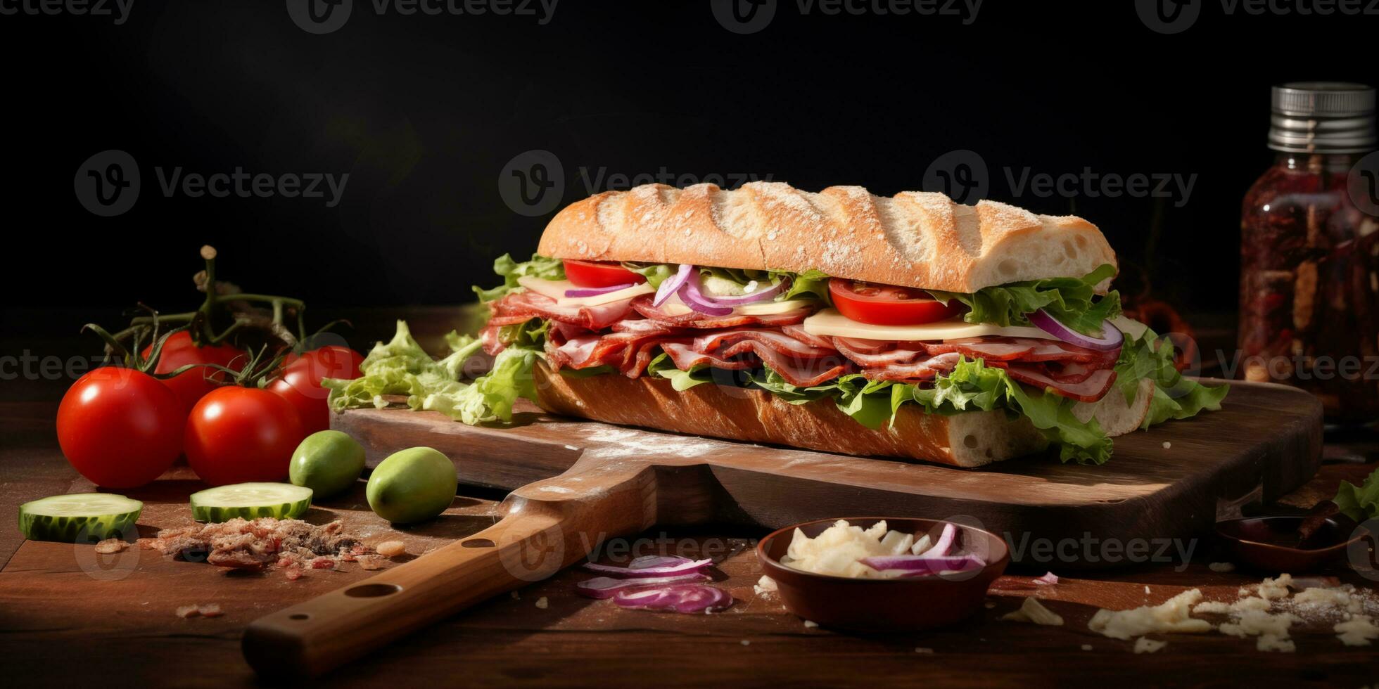 rustikal Ambiente Nahansicht Fotografie von ein verlockend Sandwich. mit generativ ai Technologie. foto