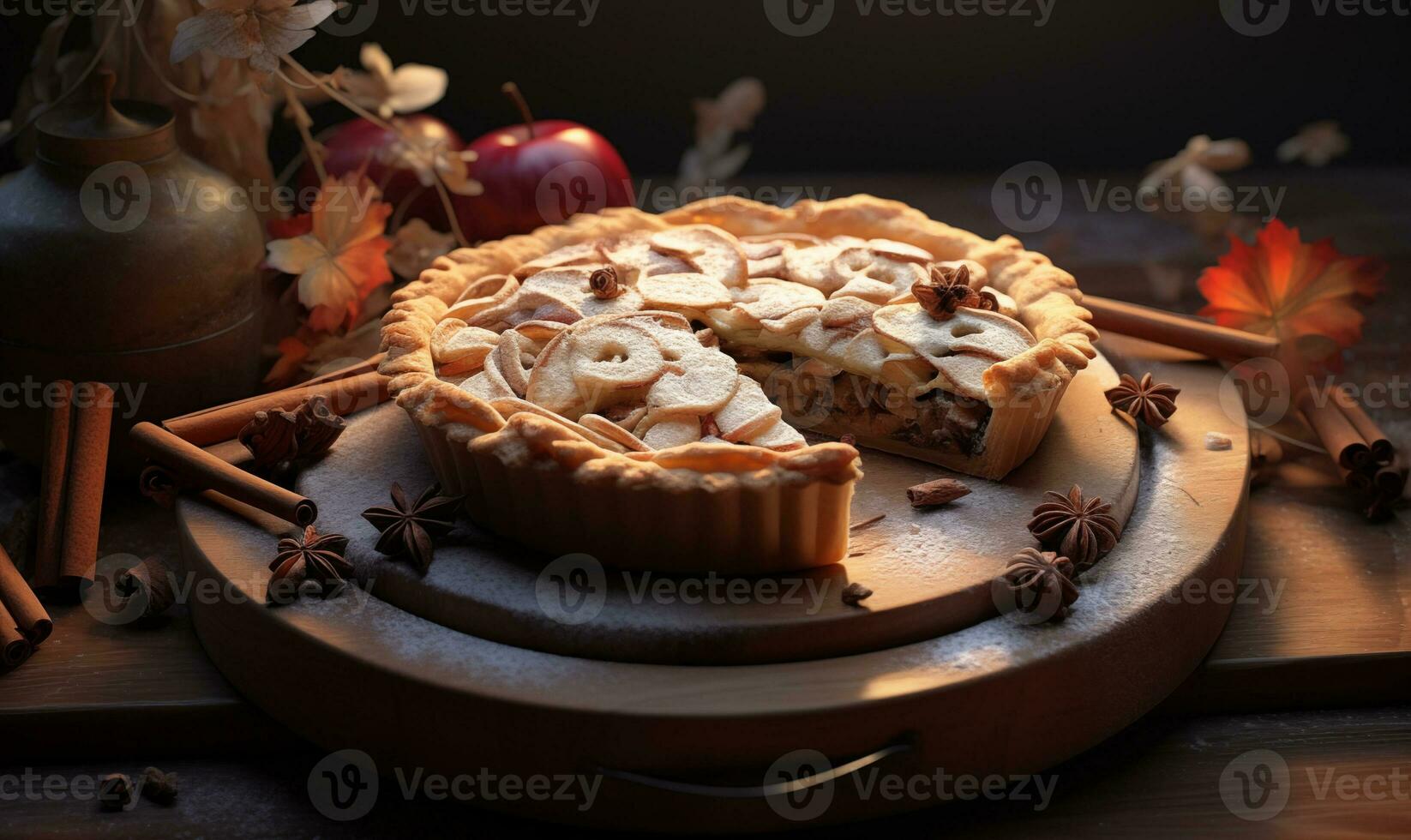 ai generiert ein hölzern Tafel mit ein Kuchen mit Äpfel foto