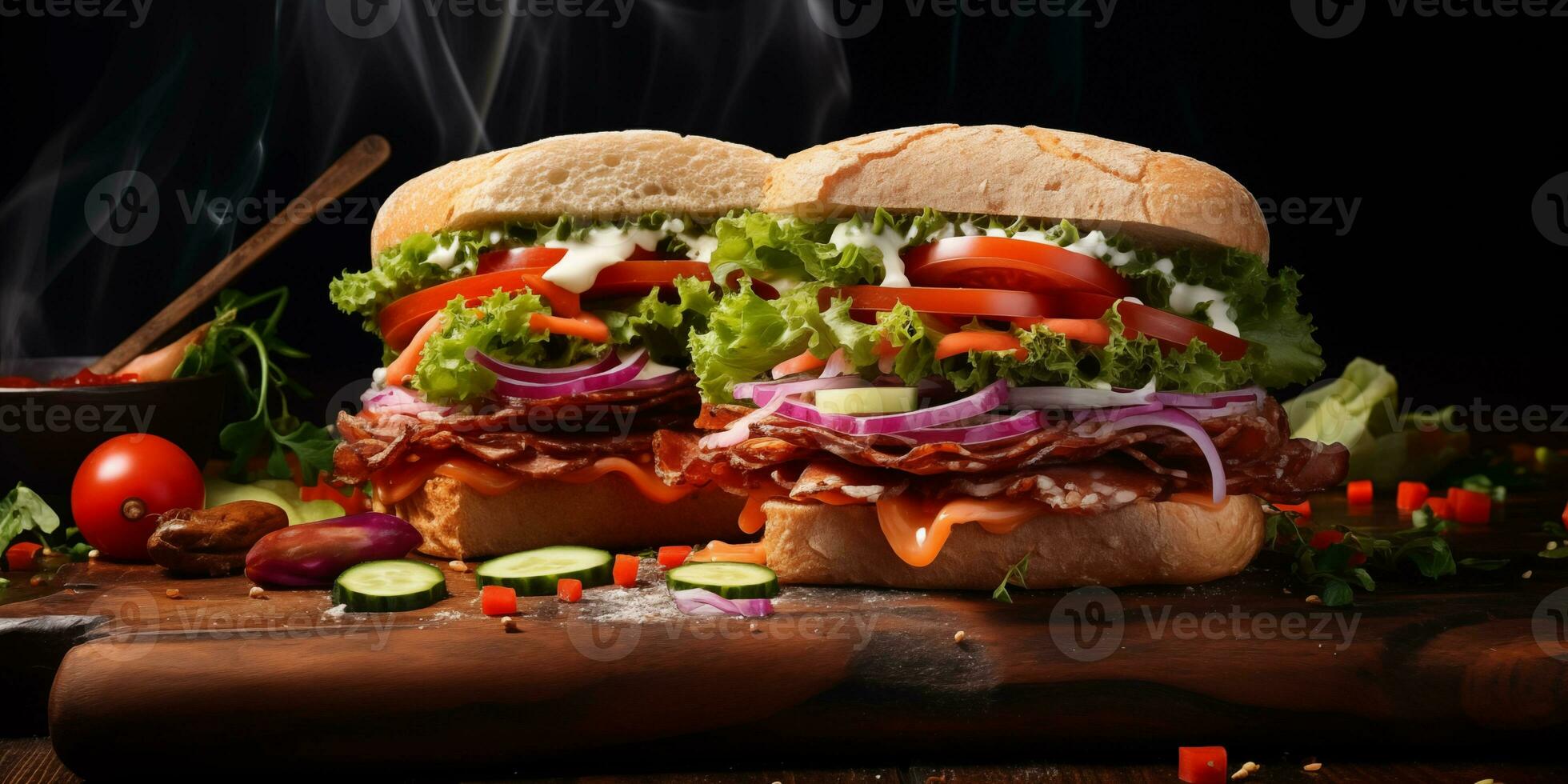 Nahansicht von zwei Sandwiches mit Speck, Salami, Prosciutto, und frisch Gemüse auf ein rustikal hölzern Schneiden Tafel. foto