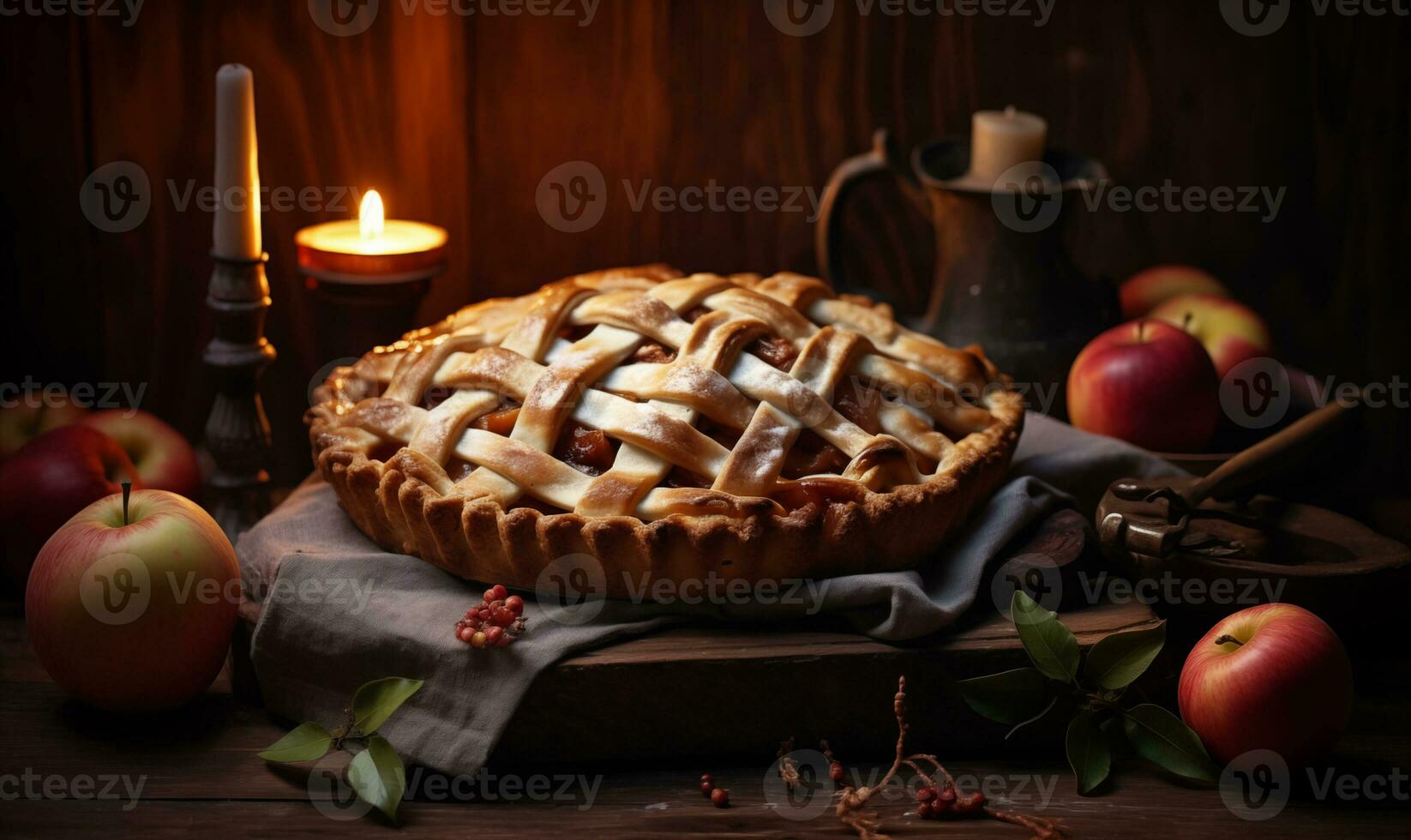 ai generiert ein hölzern Tafel mit ein Kuchen mit Äpfel foto