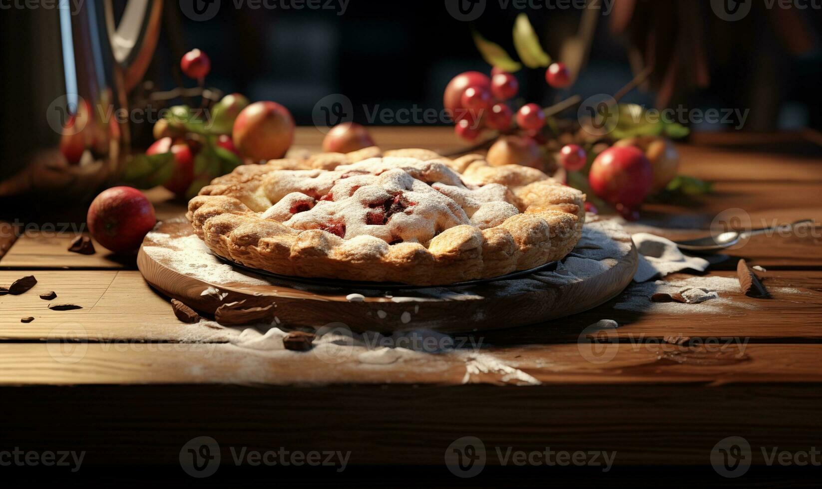 ai generiert ein hölzern Tafel mit ein Kuchen mit Äpfel foto