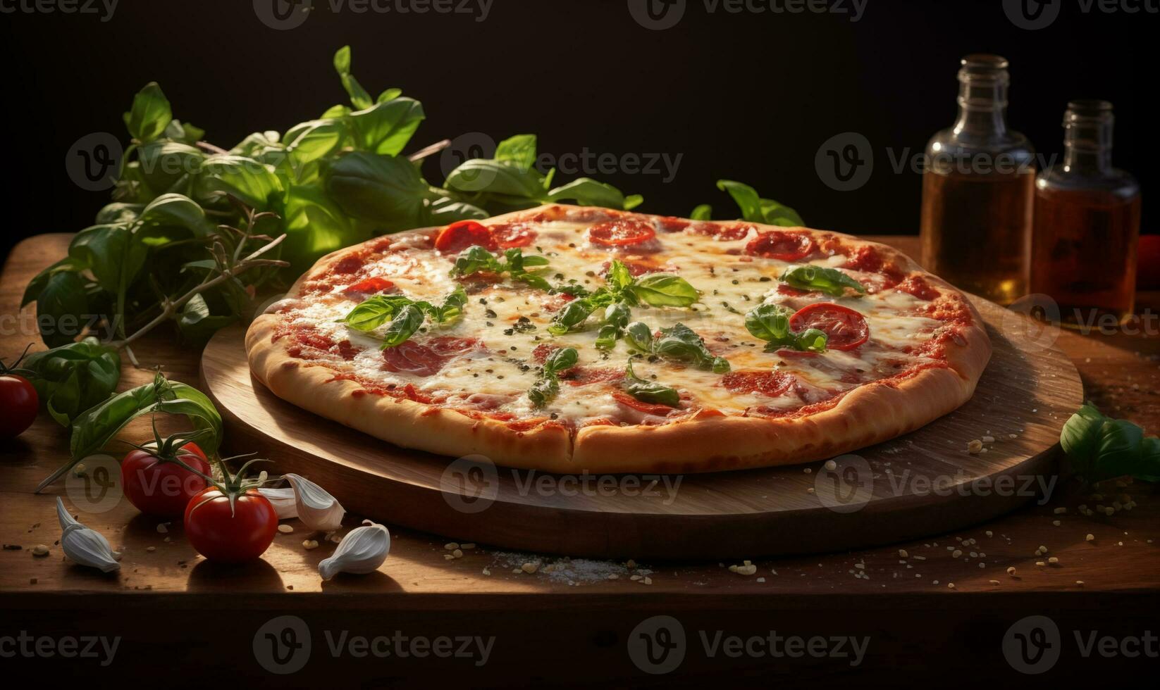 ai generiert das klein Pizza Sitzung auf ein hölzern Tafel und etwas klein Kräuter auf es foto