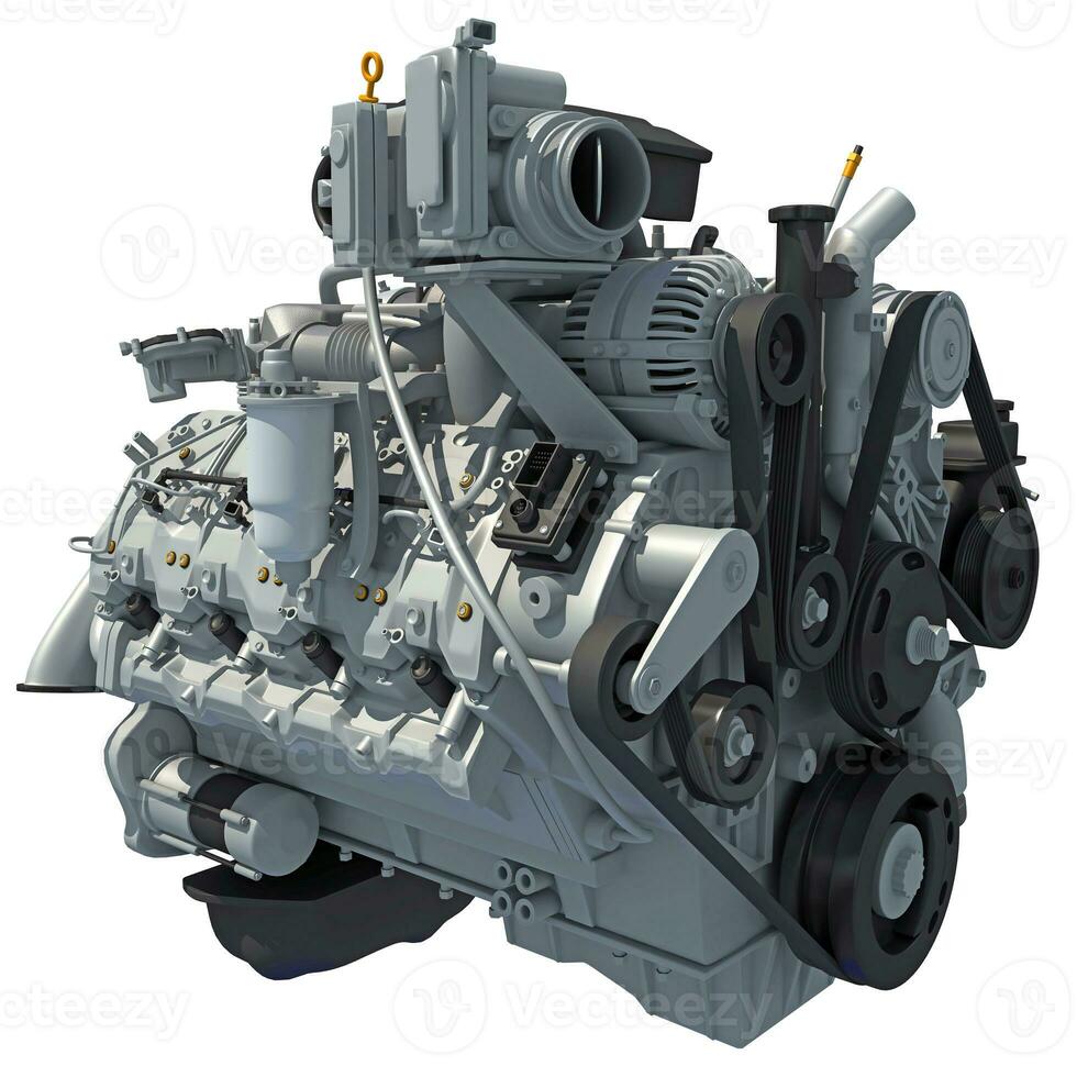 v8 Auto Motor 3d Rendern auf Weiß Hintergrund foto