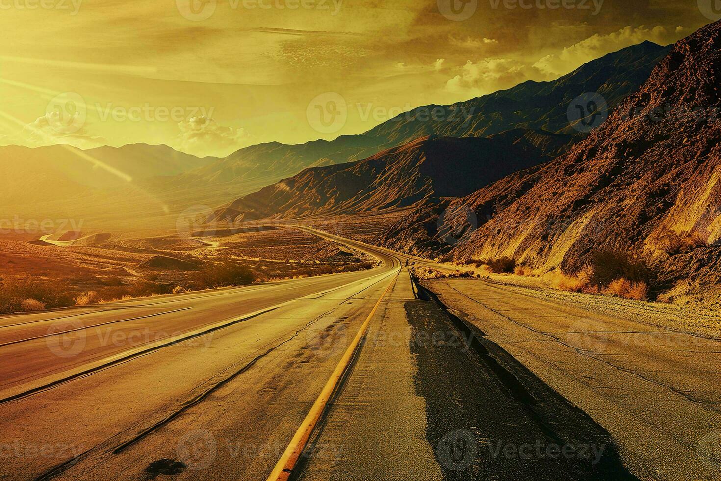 ai generiert ein still Reise wartet auf diese endlos Straße inmitten hoch aufragend Berge, unter das golden Umarmung von ein Rahmen Sonne. foto