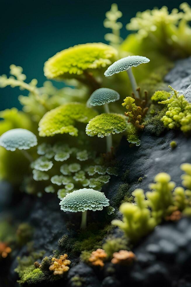 ai generiert erkunden das Miniatur Welt von Flechte wachsend auf ein Stein, Erfassen das symbiotisch Beziehung zwischen Pilze und Algen, Hintergrund Bild, generativ ai foto