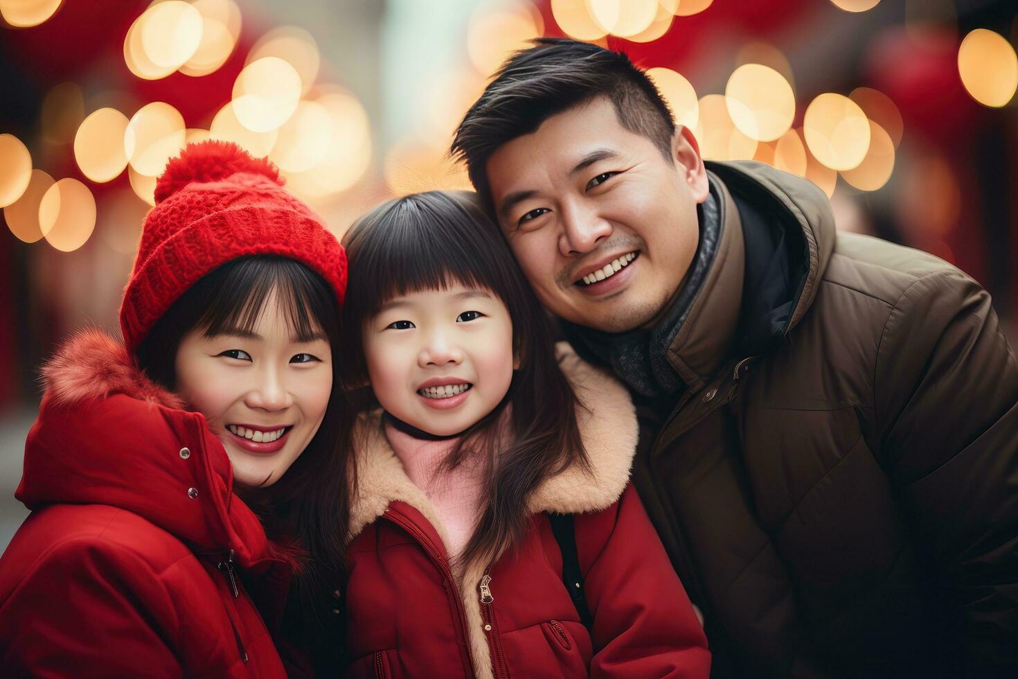 ai generiert glücklich asiatisch Familie feiern Chinesisch Neu Jahr draußen foto