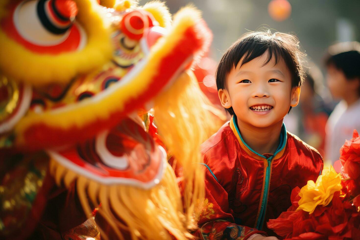 ai generiert glücklich asiatisch Kind feiern Chinesisch Neu Jahr draußen foto