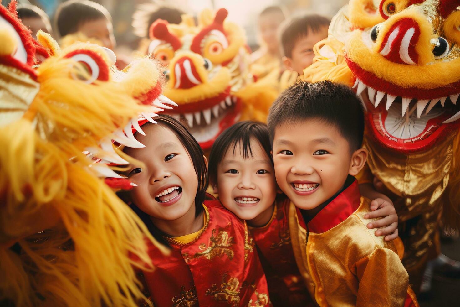 ai generiert glücklich asiatisch Kinder feiern Chinesisch Neu Jahr draußen foto