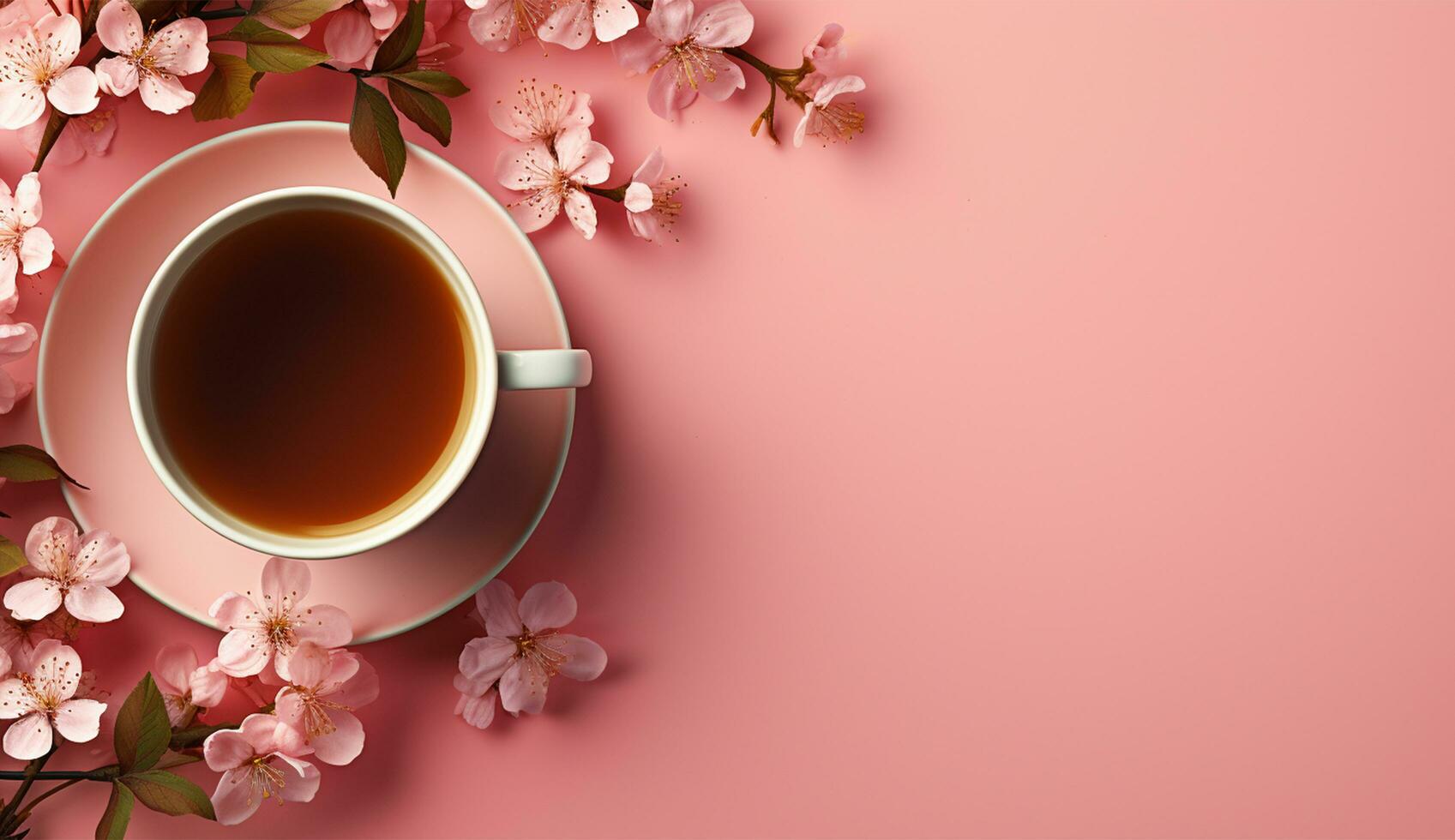 ai generiert Tasse von eben legen Kaffee auf das Tabelle mit Tulpe Hintergrund foto