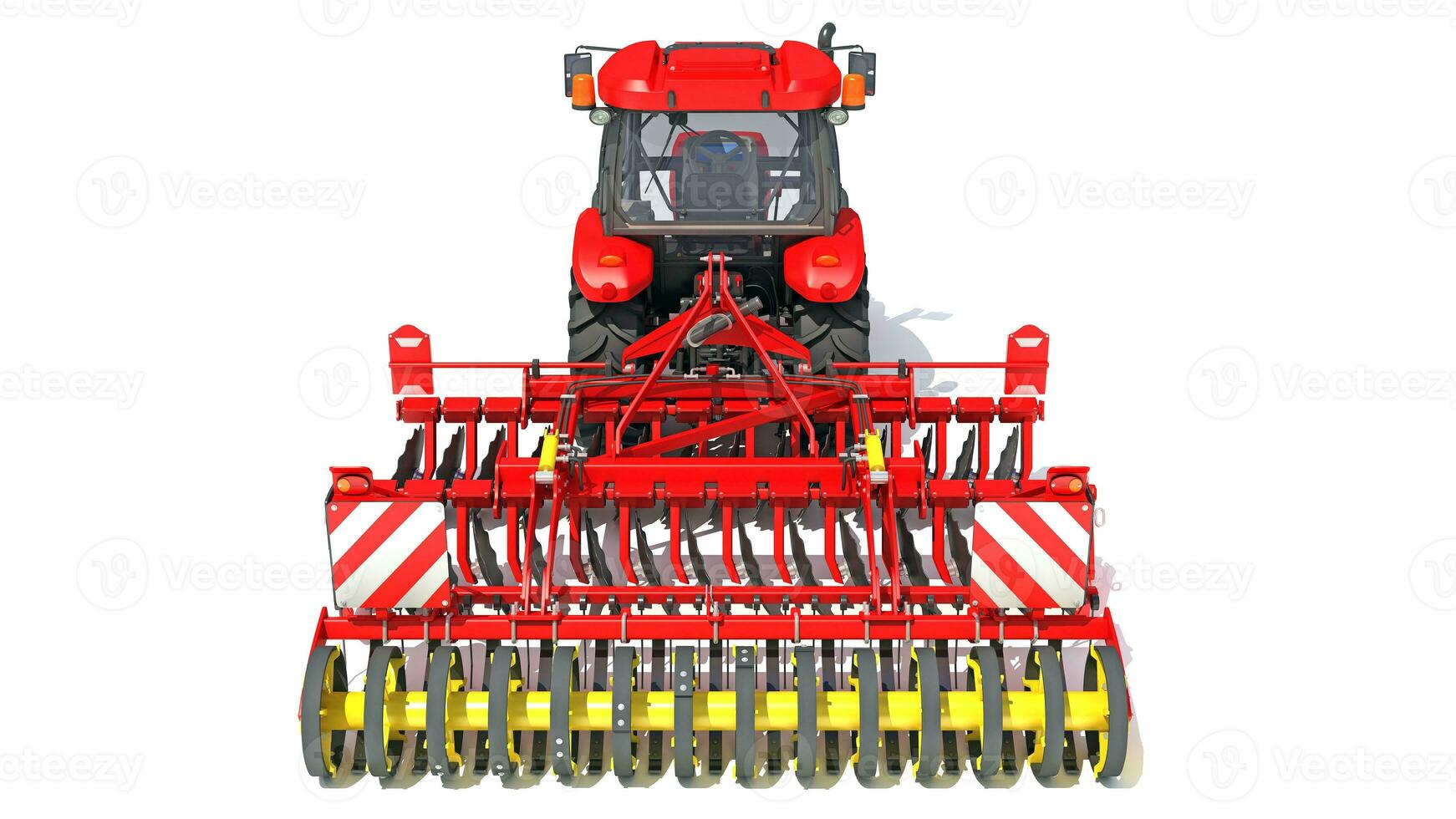 Traktor mit Samen bohren Bauernhof Ausrüstung Rabatt Egge 3d Rendern auf Weiß Hintergrund foto