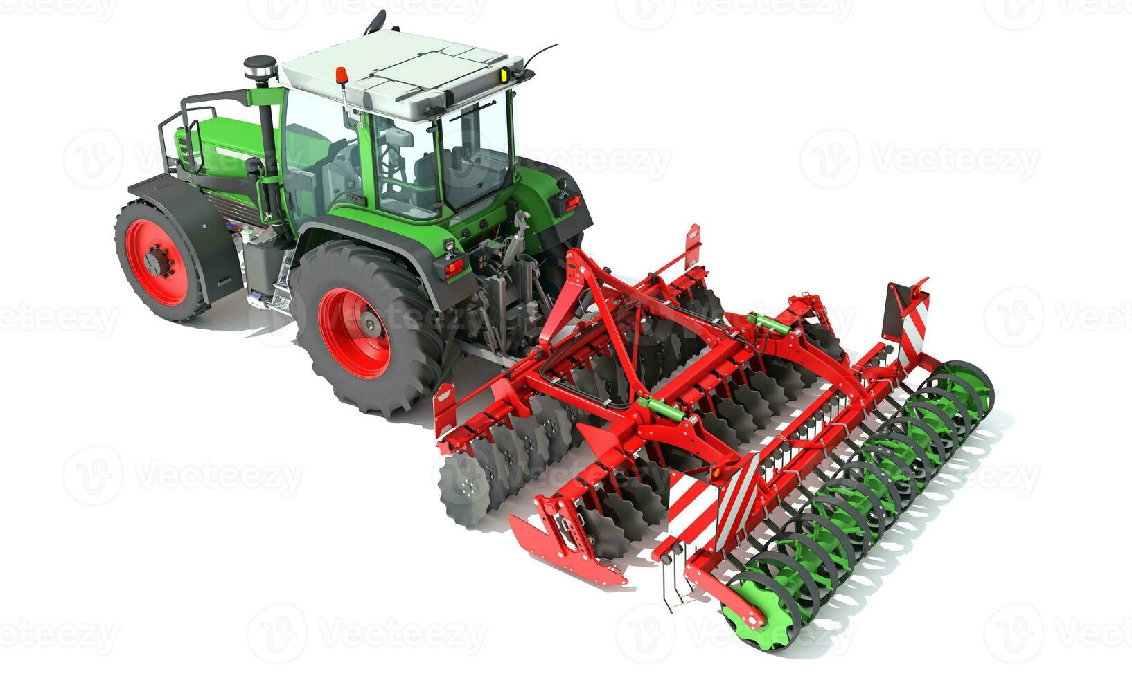 Traktor mit Samen bohren Bauernhof Ausrüstung Rabatt Egge 3d Rendern auf Weiß Hintergrund foto