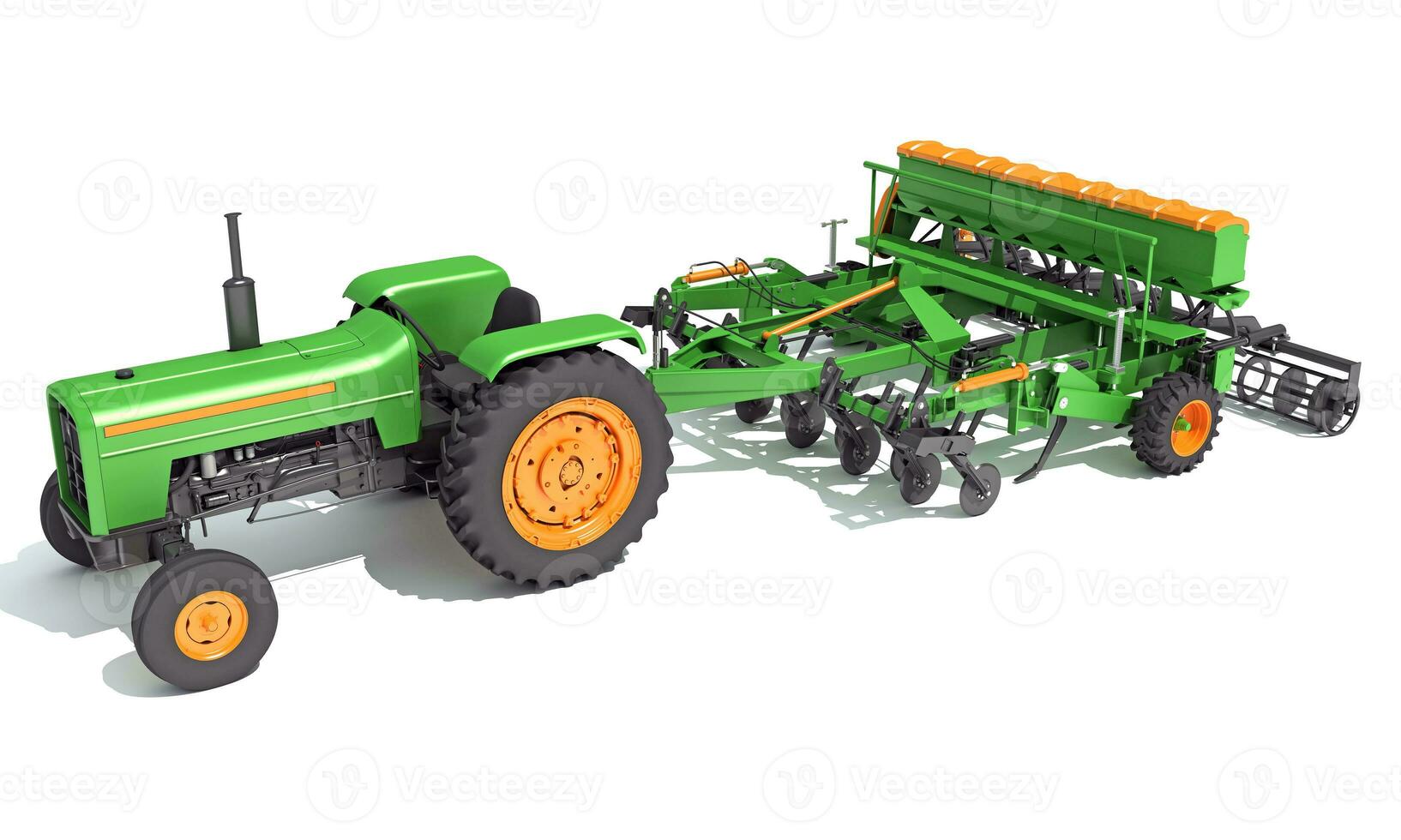 Traktor mit Samen bohren Bauernhof Ausrüstung Rabatt Egge 3d Rendern auf Weiß Hintergrund foto