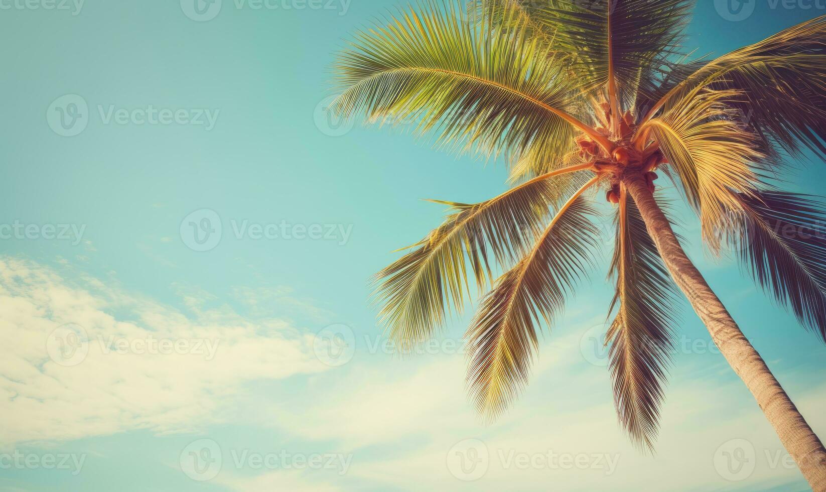ai generiert tropisch Landschaft mit ein prominent Palme Baum unter ein riesig Blau Weite. ai generativ. foto
