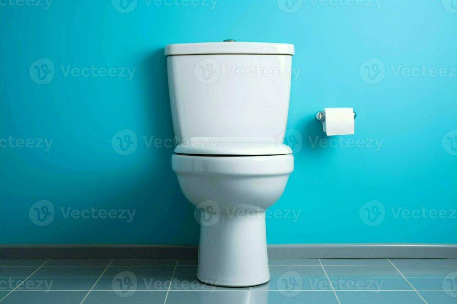 ai generiert Badezimmer Eleganz Weiß Keramik Toilette Kontraste schön mit das beruhigend Blau Mauer foto