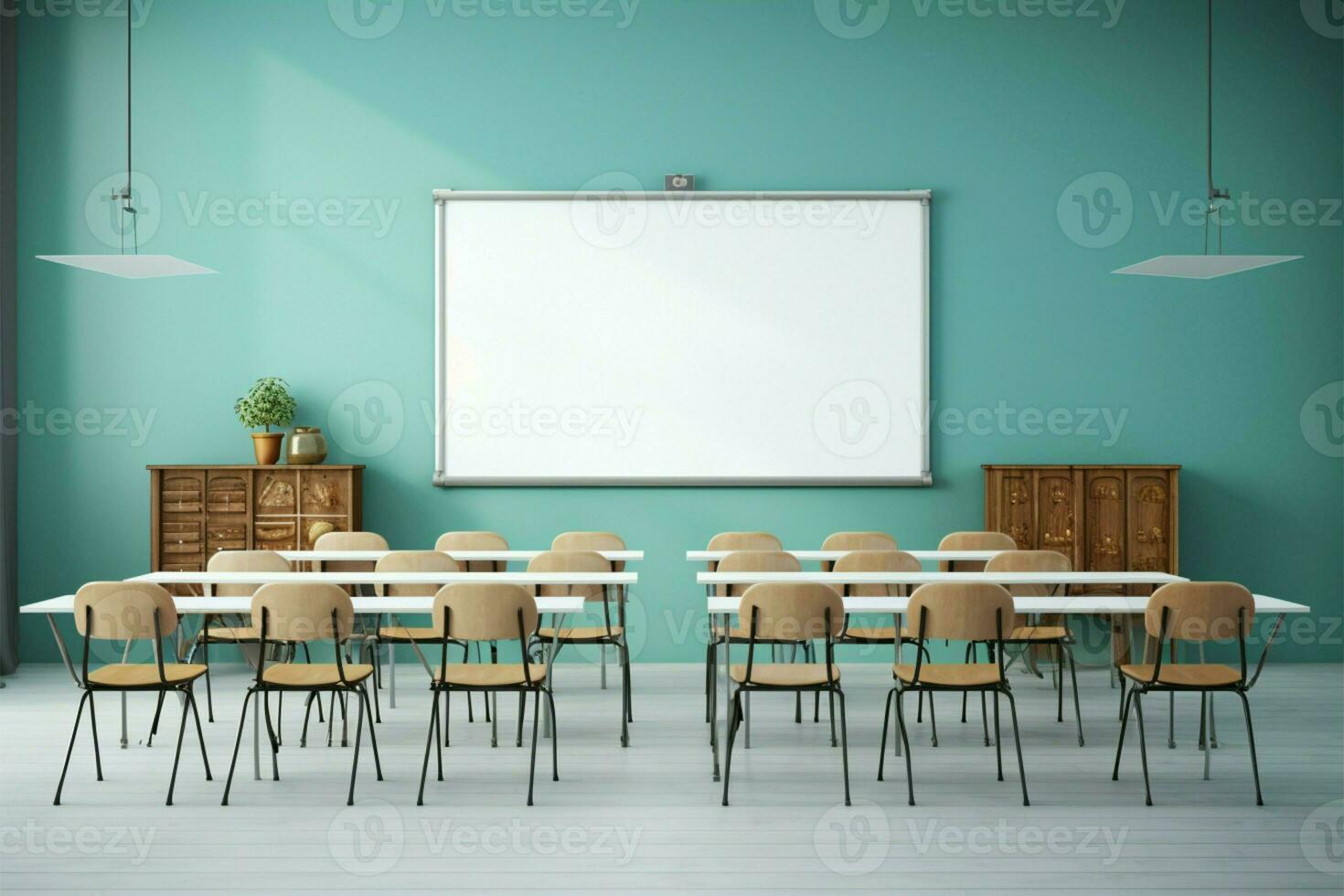 ai generiert lehrreich Ambiente Weiß Tafel und Stühle einstellen im ein Klassenzimmer foto