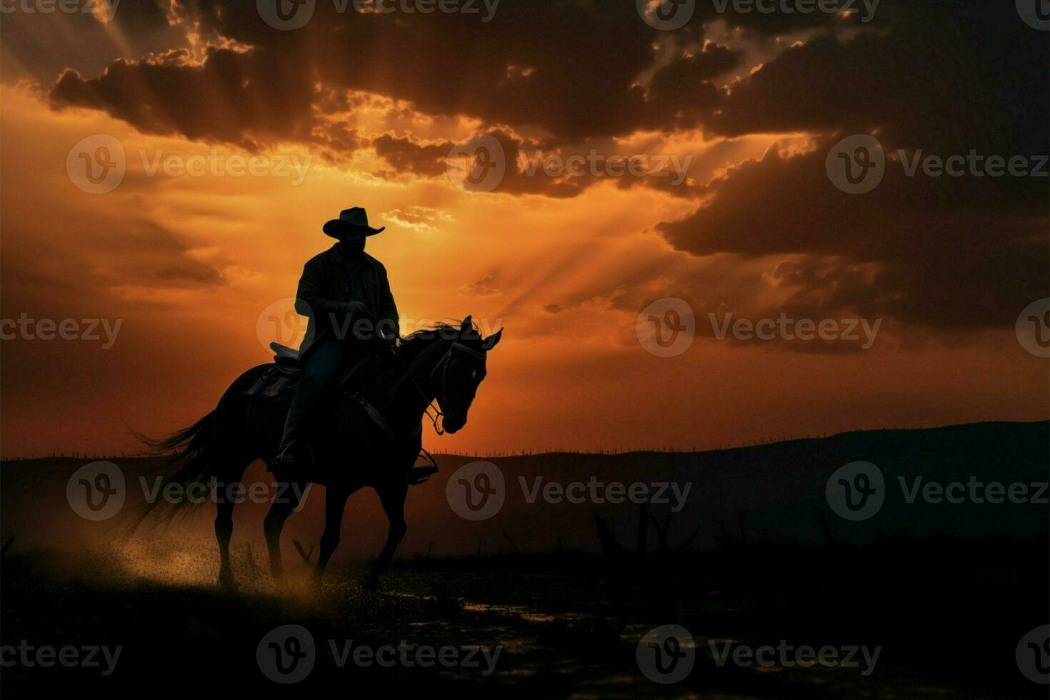 ai generiert Cowboy auf zu Pferd ein Streiter Fahrten in das golden Farbtöne von das Sonnenuntergang foto