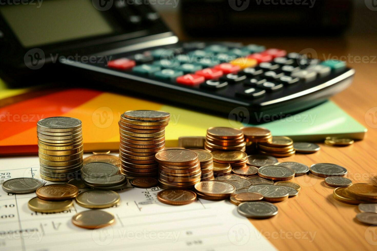 ai generiert finanziell Planung Münzen, Taschenrechner, Tastatur auf Schreibtisch mit Budget Grafiken foto