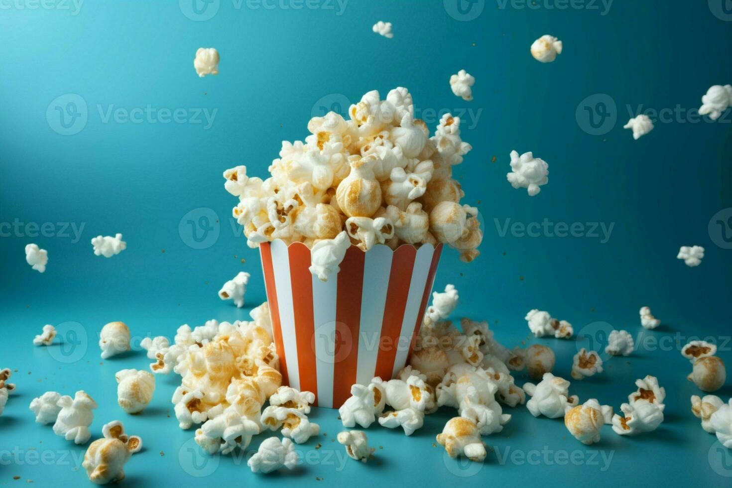 ai generiert Popcorn Party ein spielerisch Anzeige gegen ein auffällig Blau Hintergrund foto