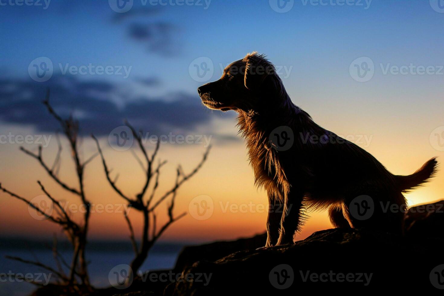 ai generiert Abend glühen Abgüsse ein schön Silhouette von ein treu Hund foto