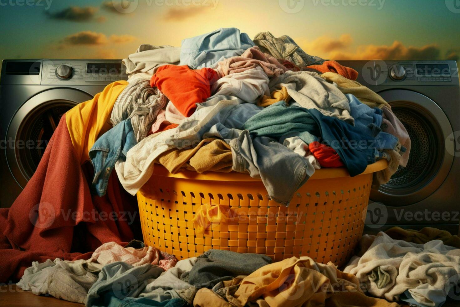 ai generiert ungeordnet Haufen von schmutzig Kleider füllt das Wäsche Korb mit ungezähmt Unordnung foto