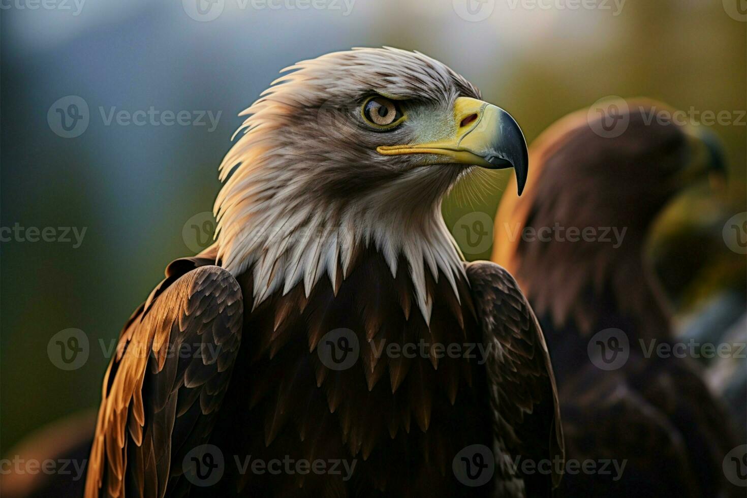 ai generiert Adler Regal Pose ein Porträt einstellen gegen ein üppig Wald foto