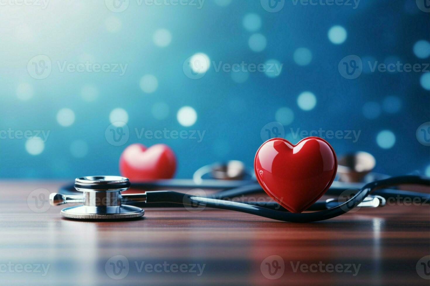 ai generiert Herz Pflege Konzept Stethoskop auf Blau Planke mit rot Herz Modelle foto
